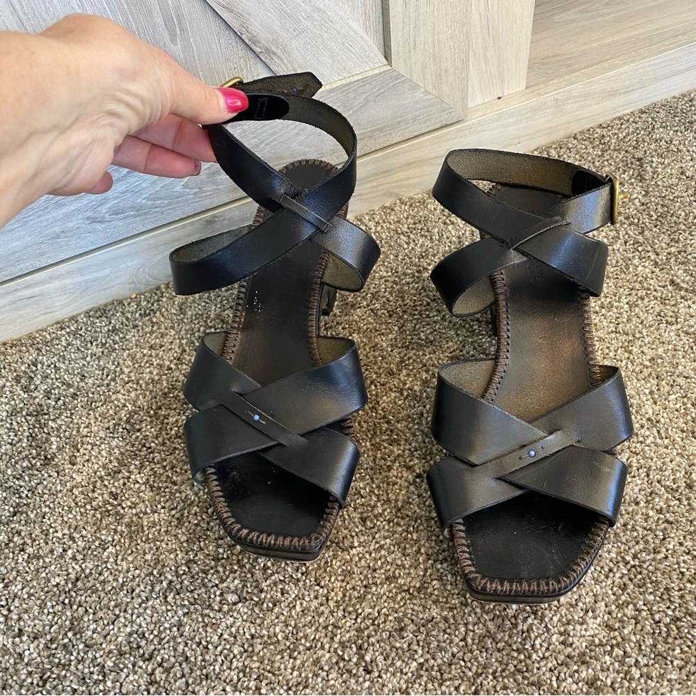 Henry Cuir Barneys New York Ankle Strap Elegant Black Leather Sandals 39.5
